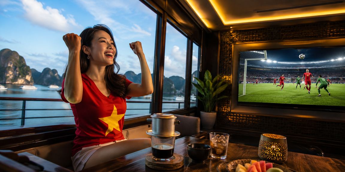 Người dùng bên vịnh Hạ Long uống cà phê và theo dõi kết quả cược thể thao trực tuyến