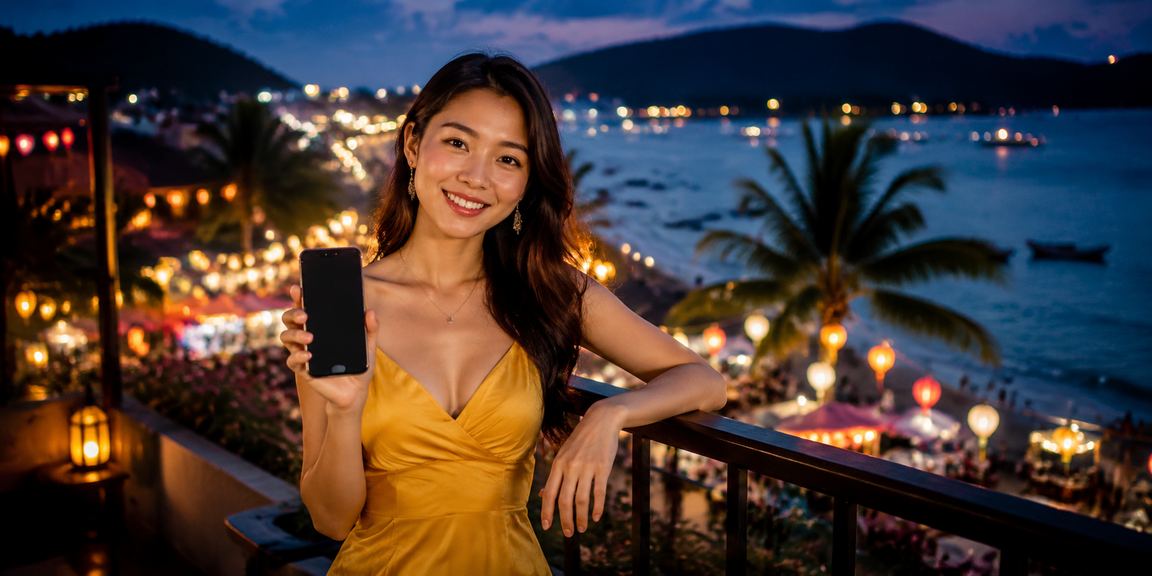 Người dùng tại Phú Quốc chơi casino mobile trong không khí chợ đêm sôi động